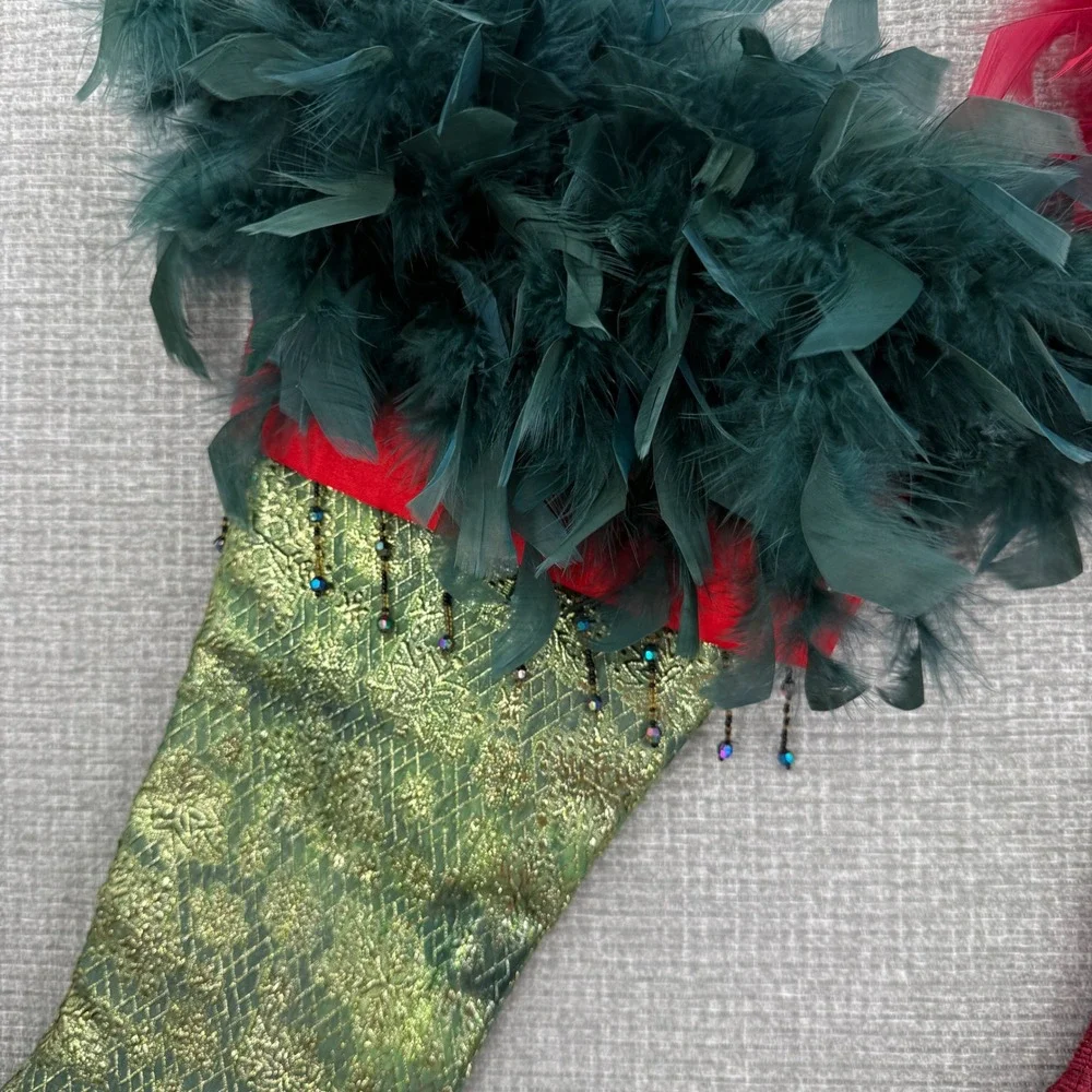 Christmas Stocking High Heel Boot Whimsy Red Green Feather Trim Beaded Victorian